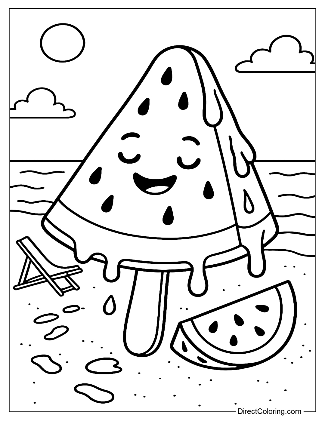 Coloring page of melting popsicles in the shape of watermelons, with small seeds and fruit slices falling out.